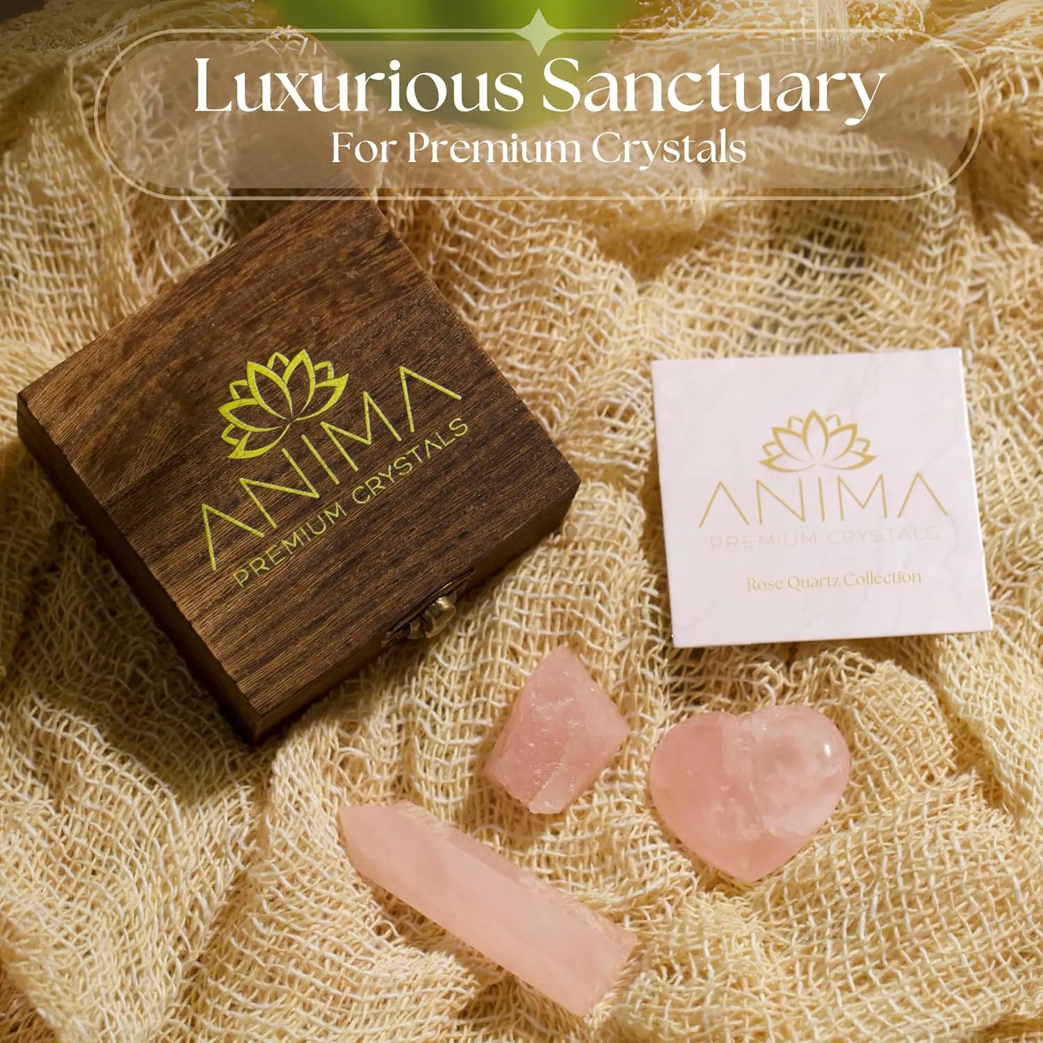 Anima Premium Rose Quartz Crystal Set – Rose Quartz Tower, Heart, and Raw Crystal – Large Crystals and Healing Stones in Wooden Box - Ideal Spiritual Gifts for Women - Love and Emotional Balance