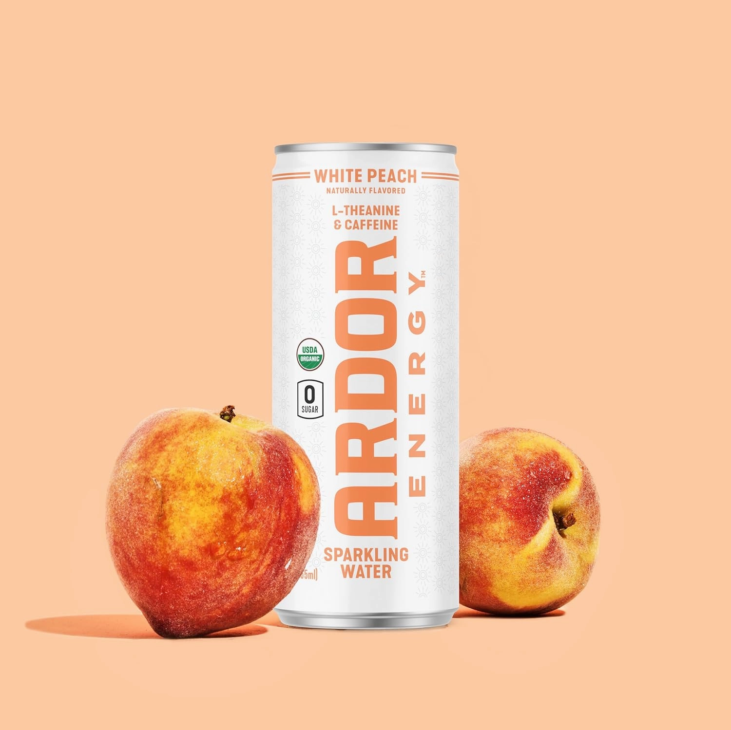 ARDOR ENERGY Sparkling Water White Peach 12 pack with 100mg Organic Caffeine from Green Tea & 200mg Organic L-Theanine (Focus & Calm). No Sugar. No Calories. Vegan. Gluten Free.