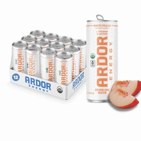 ARDOR ENERGY Sparkling Water White Peach 12 pack with 100mg Organic Caffeine from Green Tea & 200mg Organic L-Theanine (Focus & Calm). No Sugar. No Calories. Vegan. Gluten Free.
