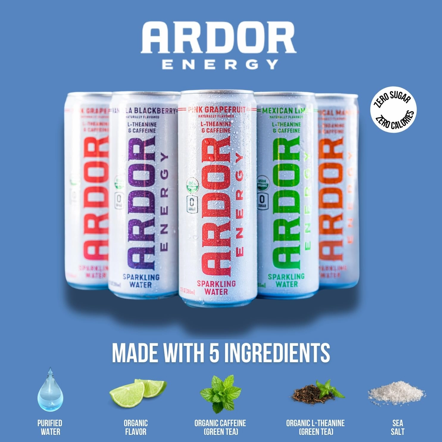 ARDOR ENERGY Sparkling Water White Peach 12 pack with 100mg Organic Caffeine from Green Tea & 200mg Organic L-Theanine (Focus & Calm). No Sugar. No Calories. Vegan. Gluten Free.