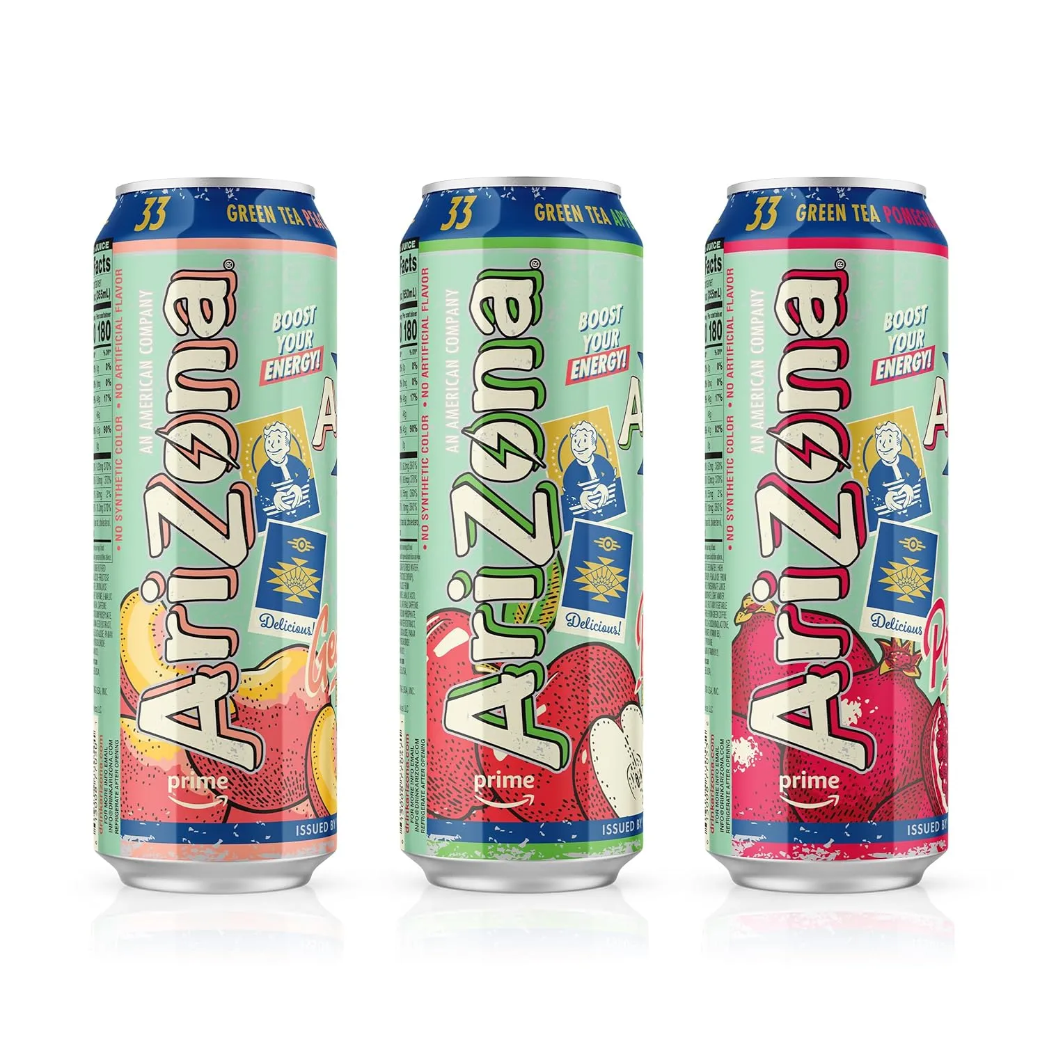 AriZona x Fallout Green Tea Energy Drink, 12pk 22 fl oz, Variety Pack - 3 Flavors, Red Apple Green Tea, Georgia Peach Green Tea, Pomegranate Green Tea - 234mg Natural Caffeine per Can