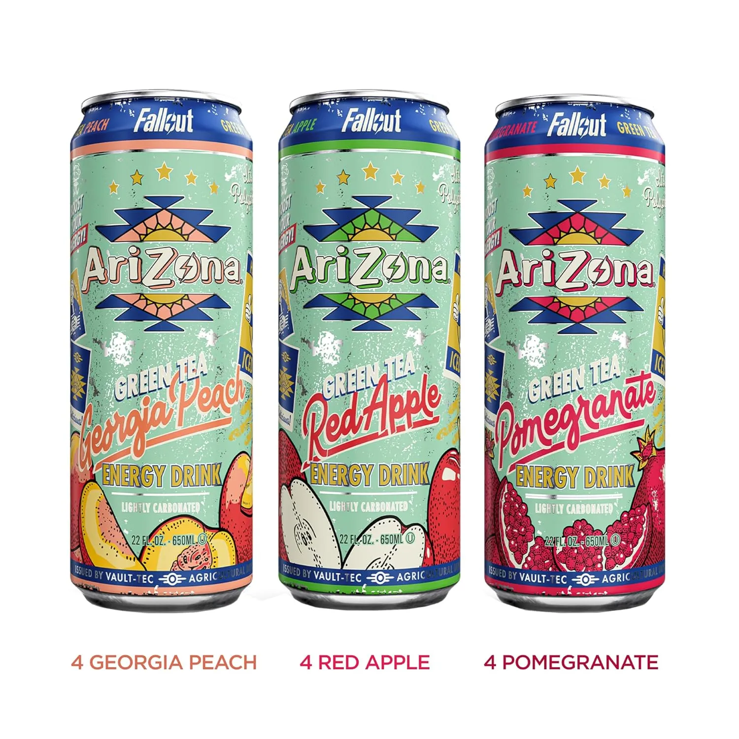 AriZona x Fallout Green Tea Energy Drink, 12pk 22 fl oz, Variety Pack - 3 Flavors, Red Apple Green Tea, Georgia Peach Green Tea, Pomegranate Green Tea - 234mg Natural Caffeine per Can