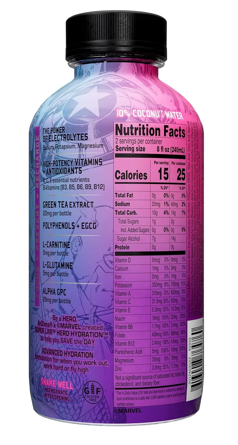 AriZona x Marvel Super LXR Hero Hydration - Acai Blueberry - 16oz (Pack of 12) – Low Sugar Sports Drink, Perfect for Athletes, Vitamins and Natural Flavors - Thirst Quencher