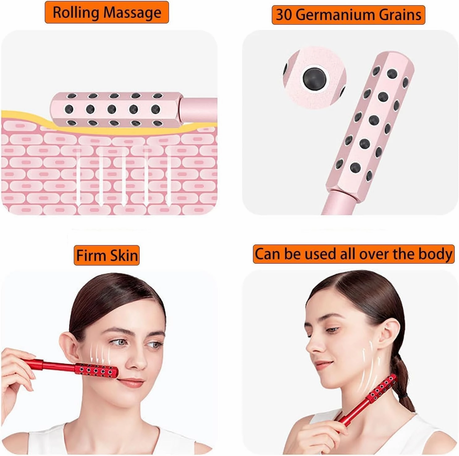 Arrily Face Roller,Germanium Stone Beauty Roller,30 Germanium Facial Lifting And Skin Care Roller,Portable Ergonomic Handle,Travel-Friendly Skincare Tool (rose gold)