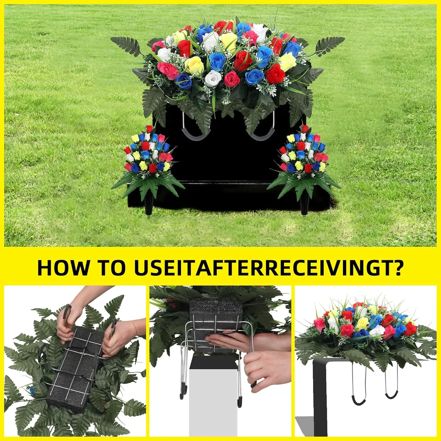 Artificial Cemetery Flower Headstone Flower Saddle Grave Rose Flowers for Cemetery Non-Bleed Colors Windpoof (Yellow)