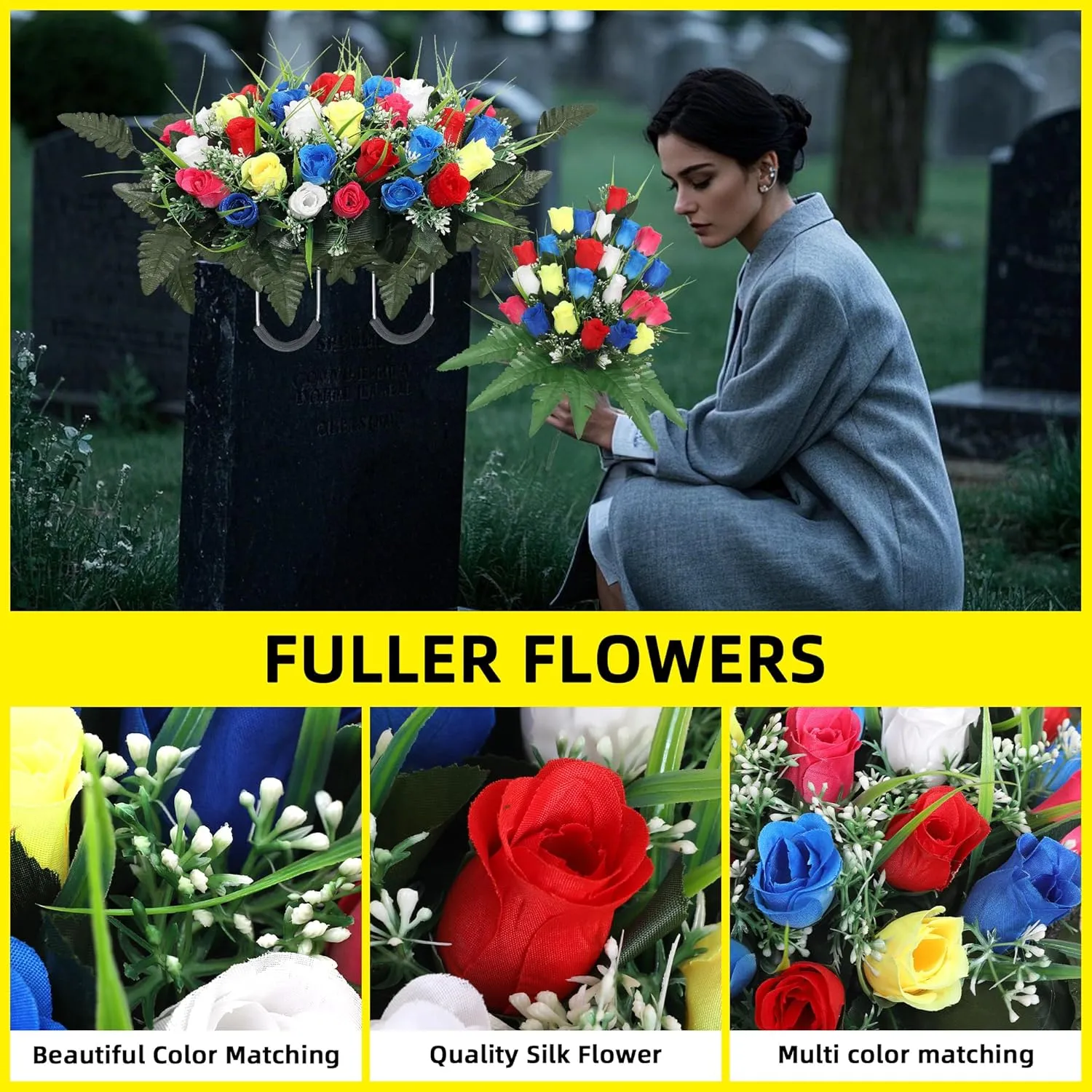 Artificial Cemetery Flower Headstone Flower Saddle Grave Rose Flowers for Cemetery Non-Bleed Colors Windpoof (Yellow)