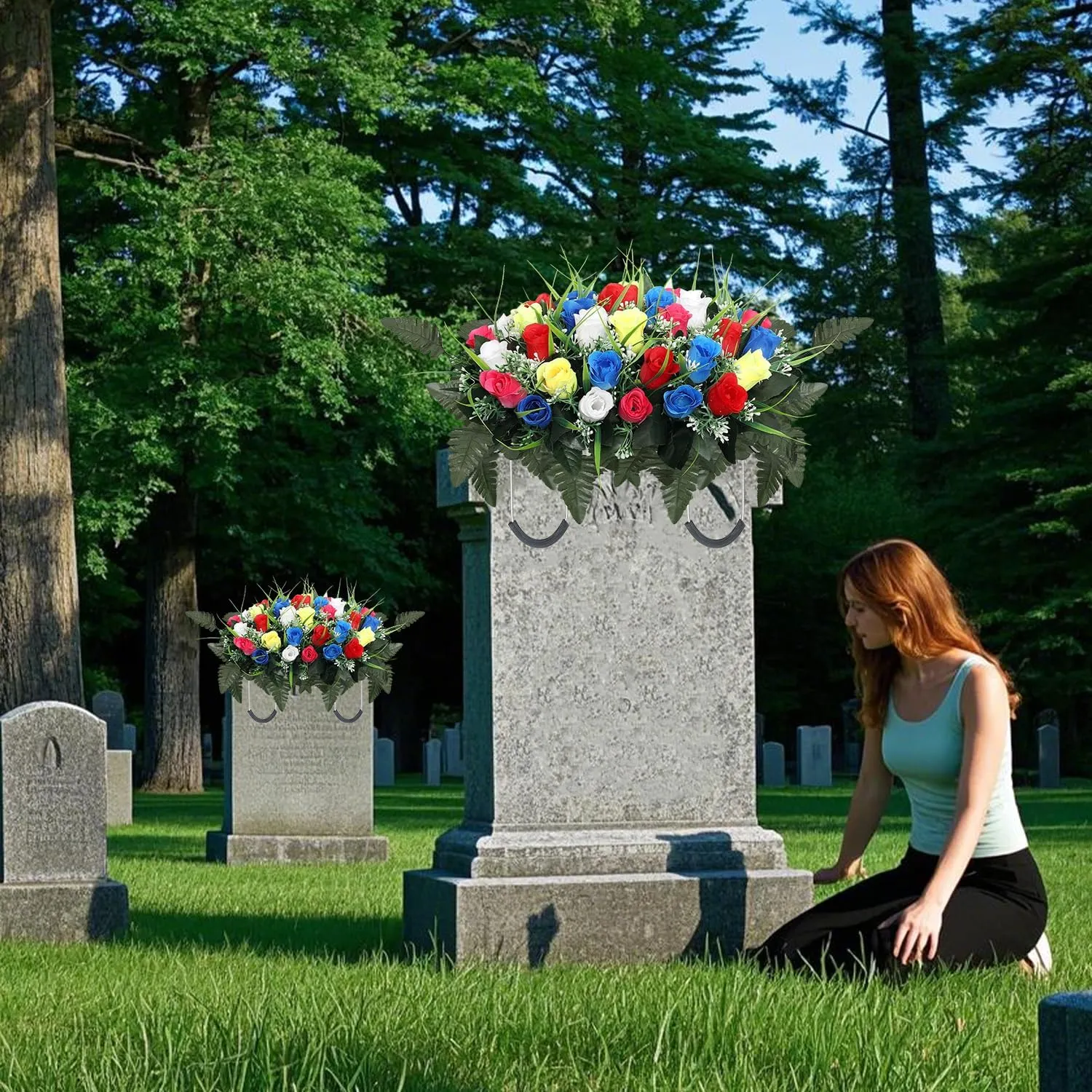 Artificial Cemetery Flower Headstone Flower Saddle Grave Rose Flowers for Cemetery Non-Bleed Colors Windpoof (Yellow)