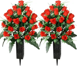 Artificial Cemetery Flowers for Grave, Artificial Rose Memorial Flowers with Vase for Cemetery Headstones Gravesites Decoration Long-Lasting Remembrance (Red)