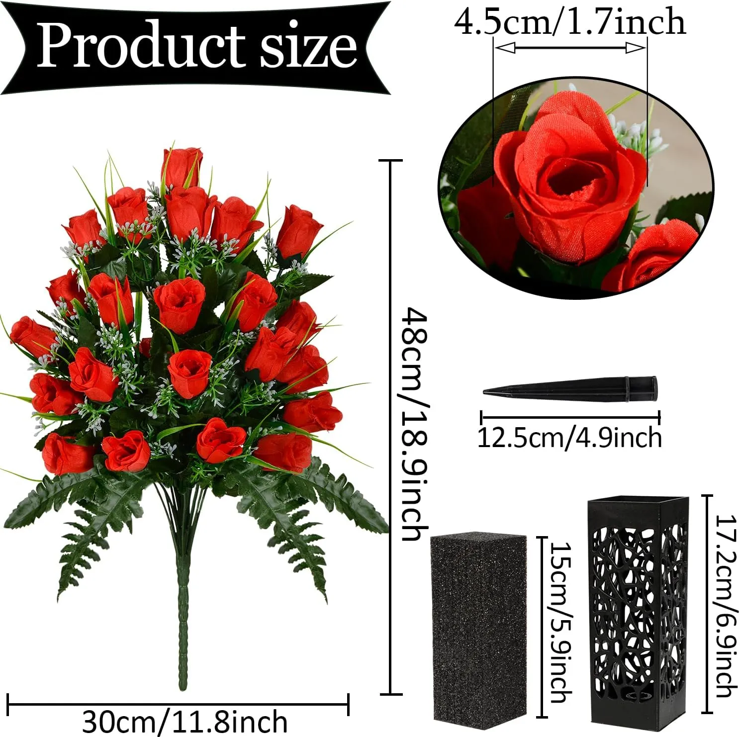 Artificial Cemetery Flowers for Grave, Artificial Rose Memorial Flowers with Vase for Cemetery Headstones Gravesites Decoration Long-Lasting Remembrance (Red)