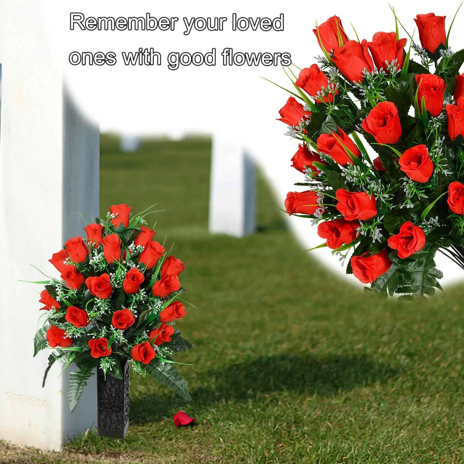 Artificial Cemetery Flowers for Grave, Artificial Rose Memorial Flowers with Vase for Cemetery Headstones Gravesites Decoration Long-Lasting Remembrance (Red)