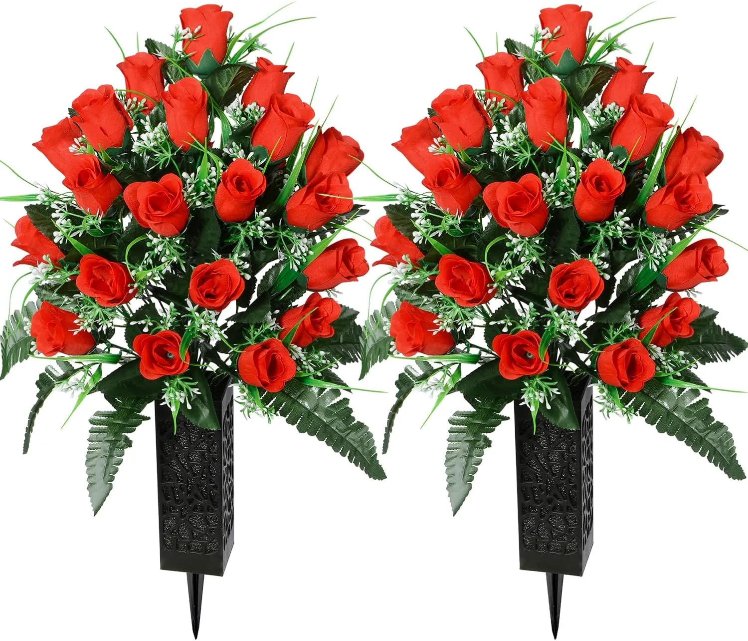 Artificial Cemetery Flowers for Grave, Artificial Rose Memorial Flowers with Vase for Cemetery Headstones Gravesites Decoration Long-Lasting Remembrance (Red)