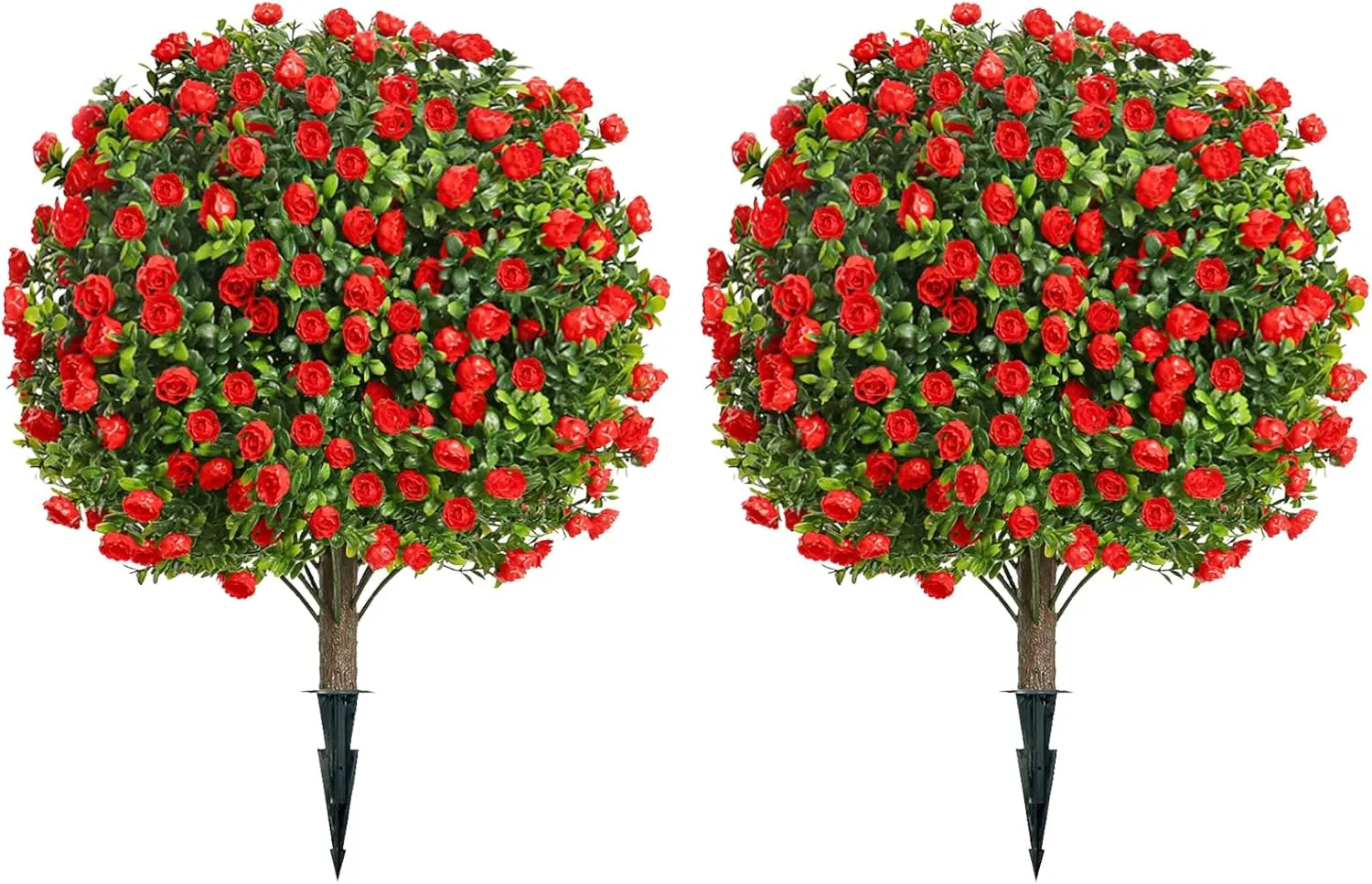 Artificial Rose Boxwood Topiary Tree with Ground Spikes, UV Resistant, Artificial Outdoor Shrubs, Artificial Rose Topiary Ball Tree for Outdoor & Indoor （23.6inch）