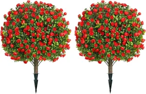 Artificial Rose Boxwood Topiary Tree with Ground Spikes, UV Resistant, Artificial Outdoor Shrubs, Artificial Rose Topiary Ball Tree for Outdoor & Indoor （23.6inch）