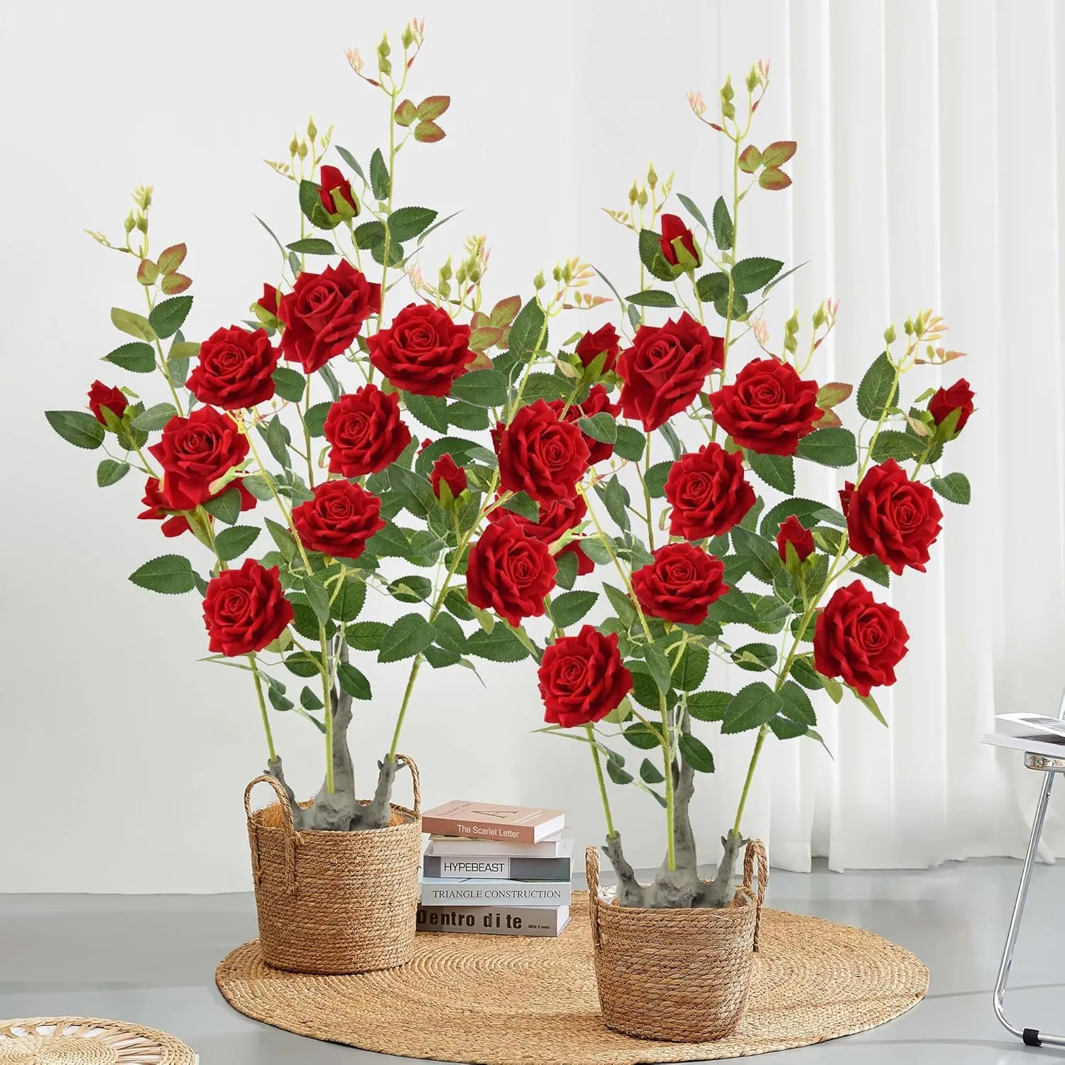Artificial Rose Flower Fake Tree, Artificial Plants with 15 Red Silk Flowers，35 inch Faux Rose Tree for Porch Patio Home Office Wedding and Event Decor,(2Pack,Red)