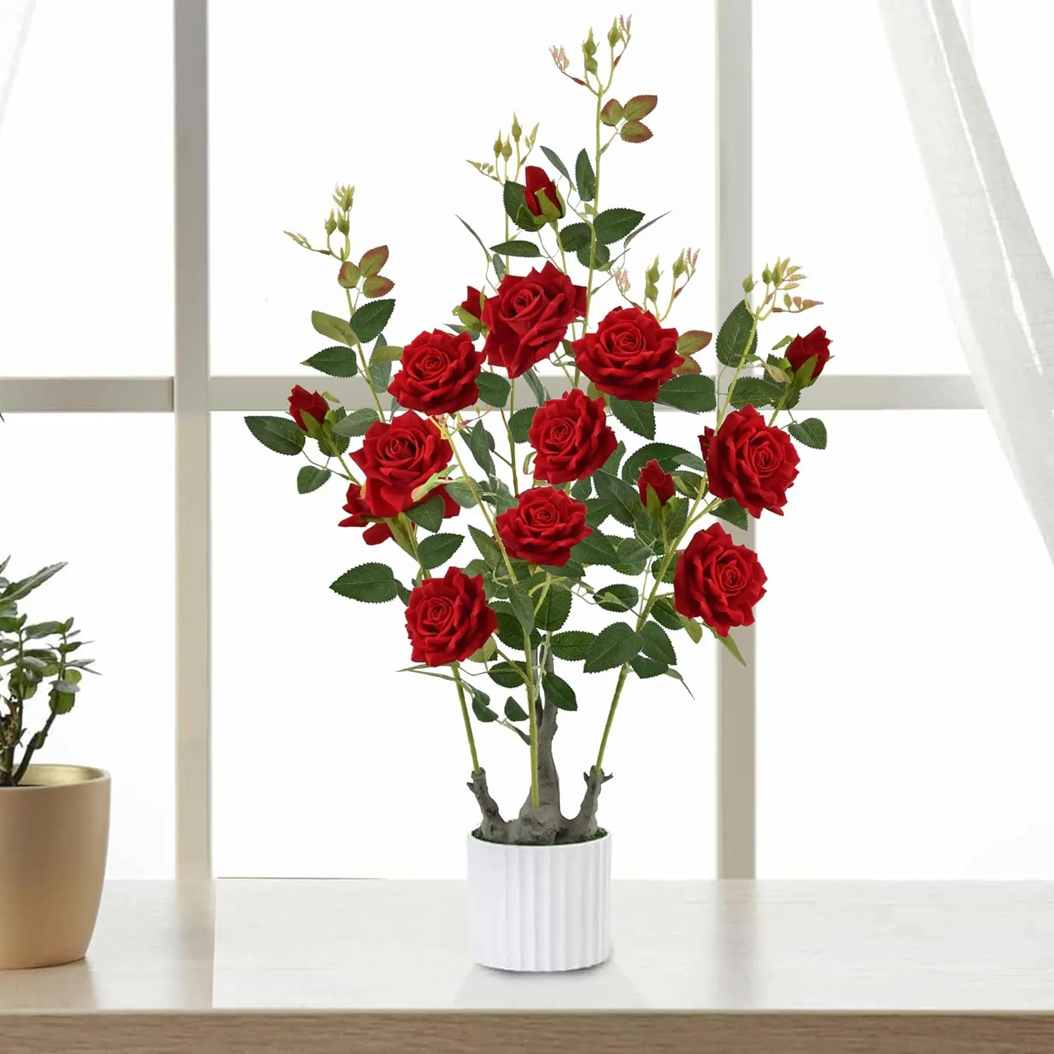 Artificial Rose Flower Fake Tree, Artificial Plants with 15 Red Silk Flowers，35 inch Faux Rose Tree for Porch Patio Home Office Wedding and Event Decor,(2Pack,Red)