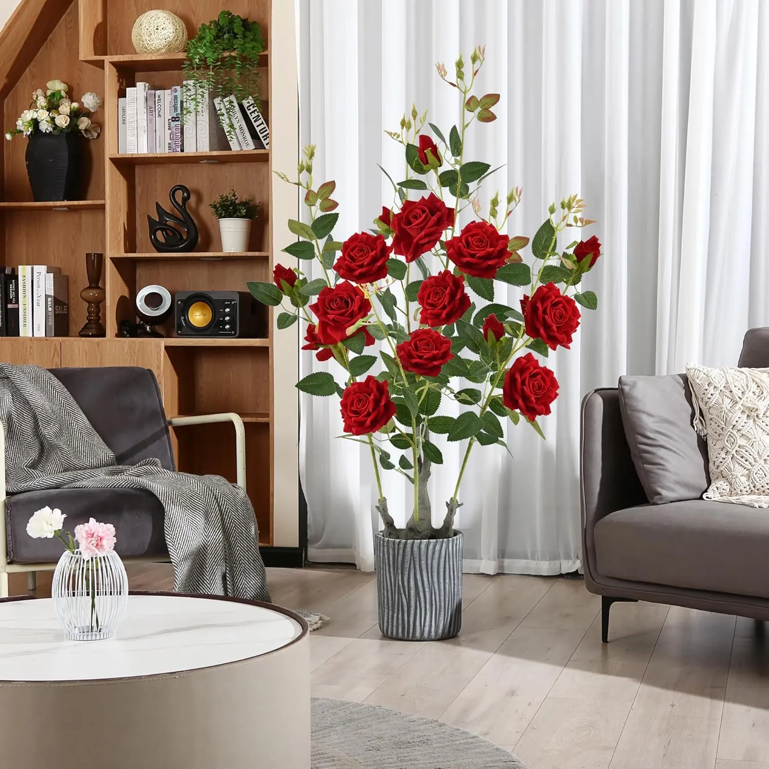 Artificial Rose Flower Fake Tree, Artificial Plants with 15 Red Silk Flowers，35 inch Faux Rose Tree for Porch Patio Home Office Wedding and Event Decor,(2Pack,Red)
