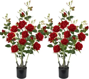 Artificial Rose Flower Fake Tree, Artificial Plants with 15 Red Silk Flowers，35 inch Faux Rose Tree for Porch Patio Home Office Wedding and Event Decor,(2Pack,Red)