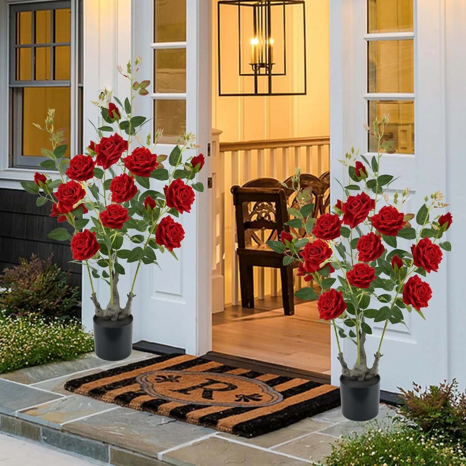 Artificial Rose Flower Fake Tree, Artificial Plants with 15 Red Silk Flowers，35 inch Faux Rose Tree for Porch Patio Home Office Wedding and Event Decor,(2Pack,Red)