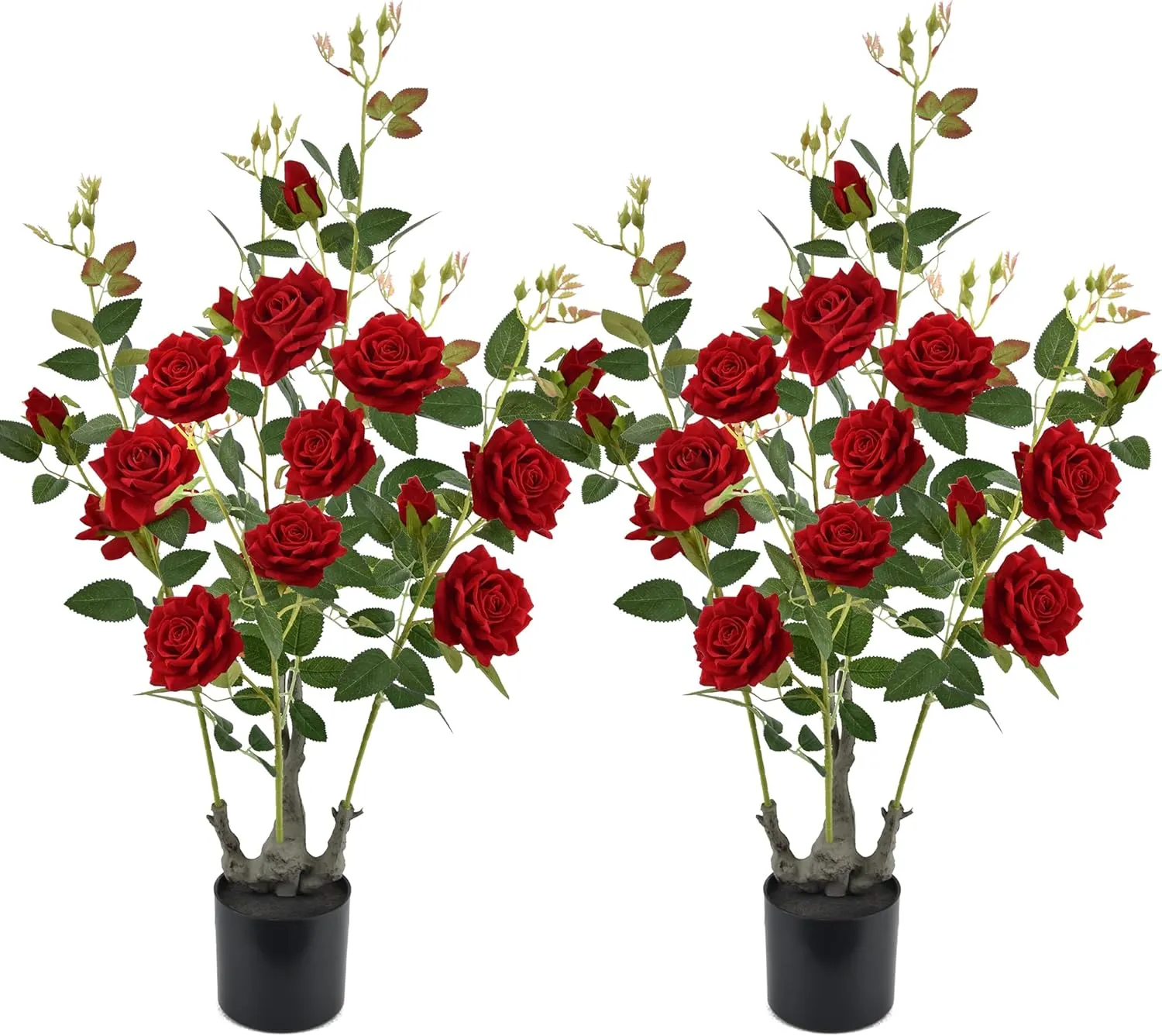 Artificial Rose Flower Fake Tree, Artificial Plants with 15 Red Silk Flowers，35 inch Faux Rose Tree for Porch Patio Home Office Wedding and Event Decor,(2Pack,Red)