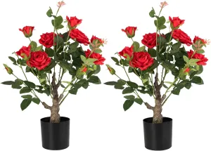 Artificial Rose Flower Trees 2 Pack- 24’’ Lifelike Plant in Pot with Red Flowers Decorative Rose Trees for Home, Office, Wedding, and Event Decor, Red