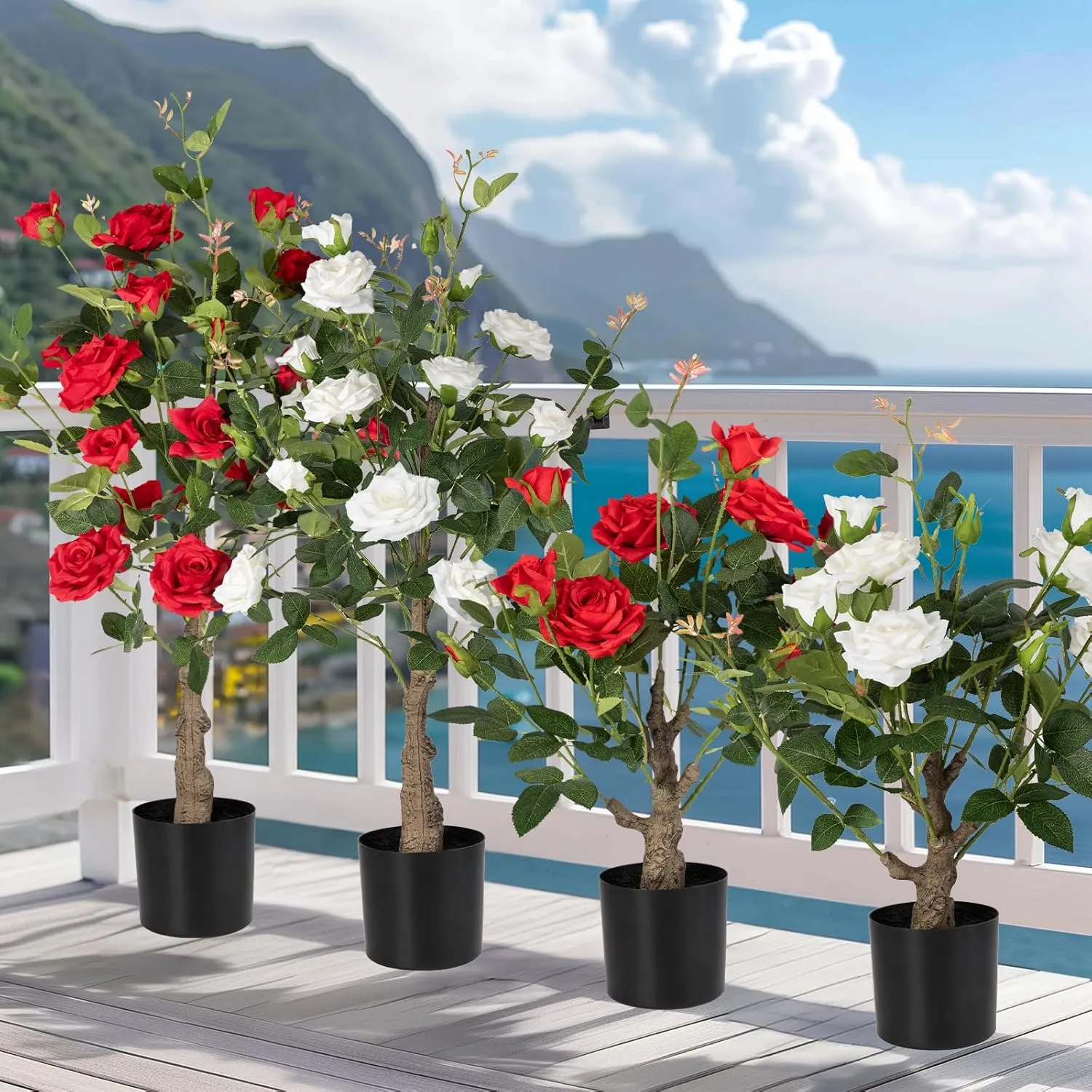 Artificial Rose Flower Trees 2 Pack- 24’’ Lifelike Plant in Pot with Red Flowers Decorative Rose Trees for Home, Office, Wedding, and Event Decor, Red