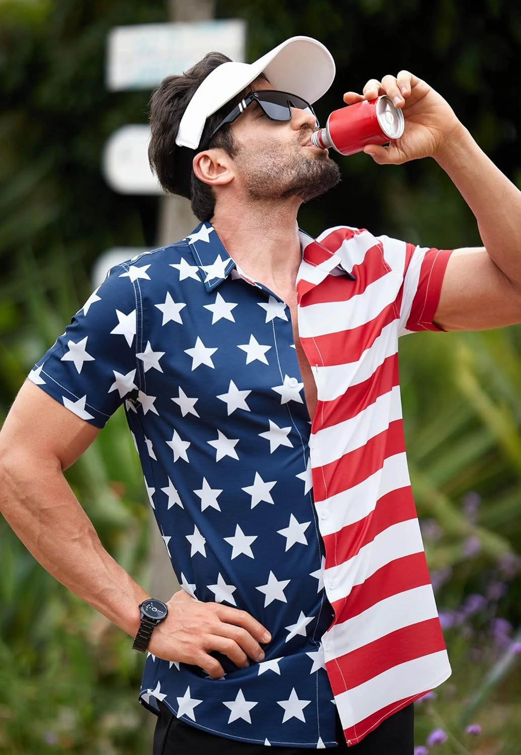 Arvilhill Men American Flag Button Shirt 4th of July Short Sleeve Shirts (S-3XL)