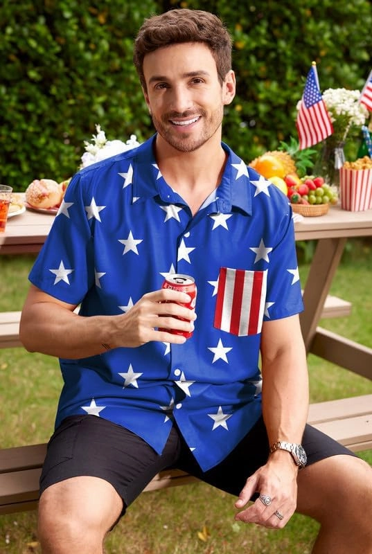Arvilhill Men American Flag Button Shirt 4th of July Short Sleeve Shirts (S-3XL)