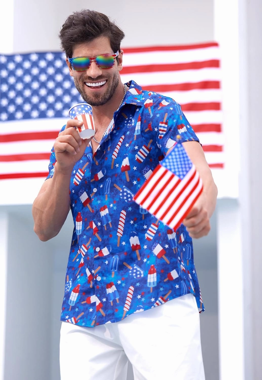 Arvilhill Men American Flag Button Shirt 4th of July Short Sleeve Shirts (S-3XL)