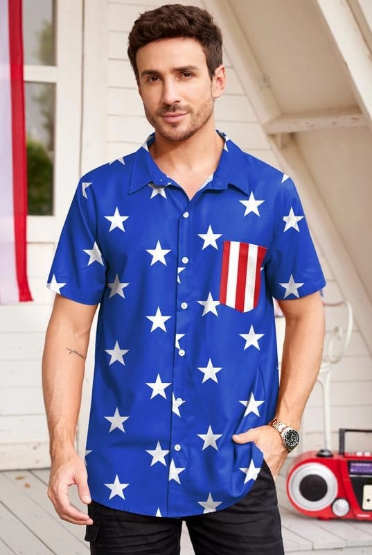 Arvilhill Men American Flag Button Shirt 4th of July Short Sleeve Shirts (S-3XL)