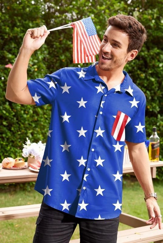 Arvilhill Men American Flag Button Shirt 4th of July Short Sleeve Shirts (S-3XL)