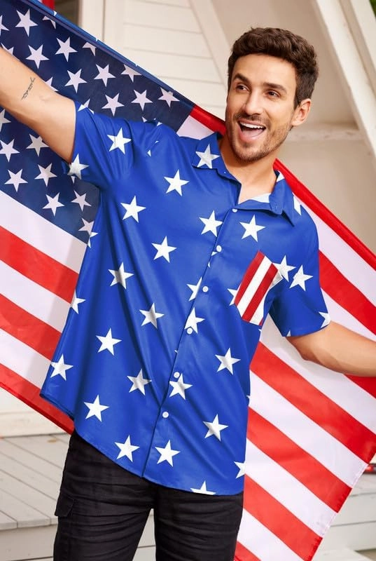 Arvilhill Men American Flag Button Shirt 4th of July Short Sleeve Shirts (S-3XL)