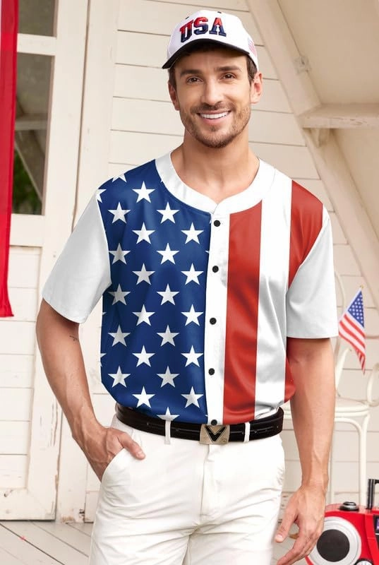 Arvilhill Men's American Flag Baseball Jersey 4th of July Button Shirts Short Sleeve Sports Uniform