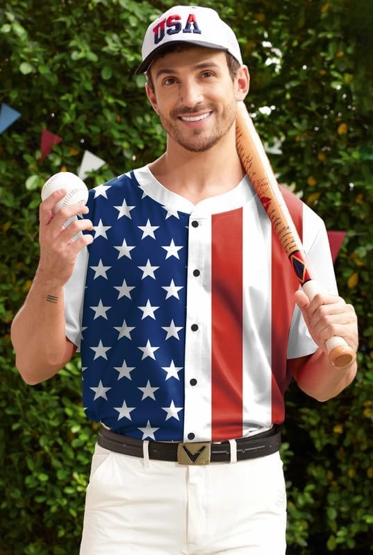 Arvilhill Men's American Flag Baseball Jersey 4th of July Button Shirts Short Sleeve Sports Uniform
