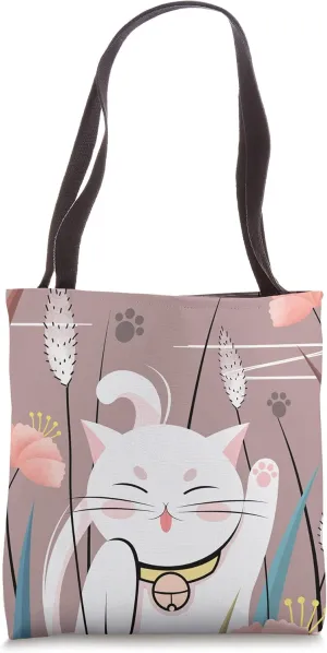 Asian Lucky Cat with Floral Accents - Pale Pink Tote Bag