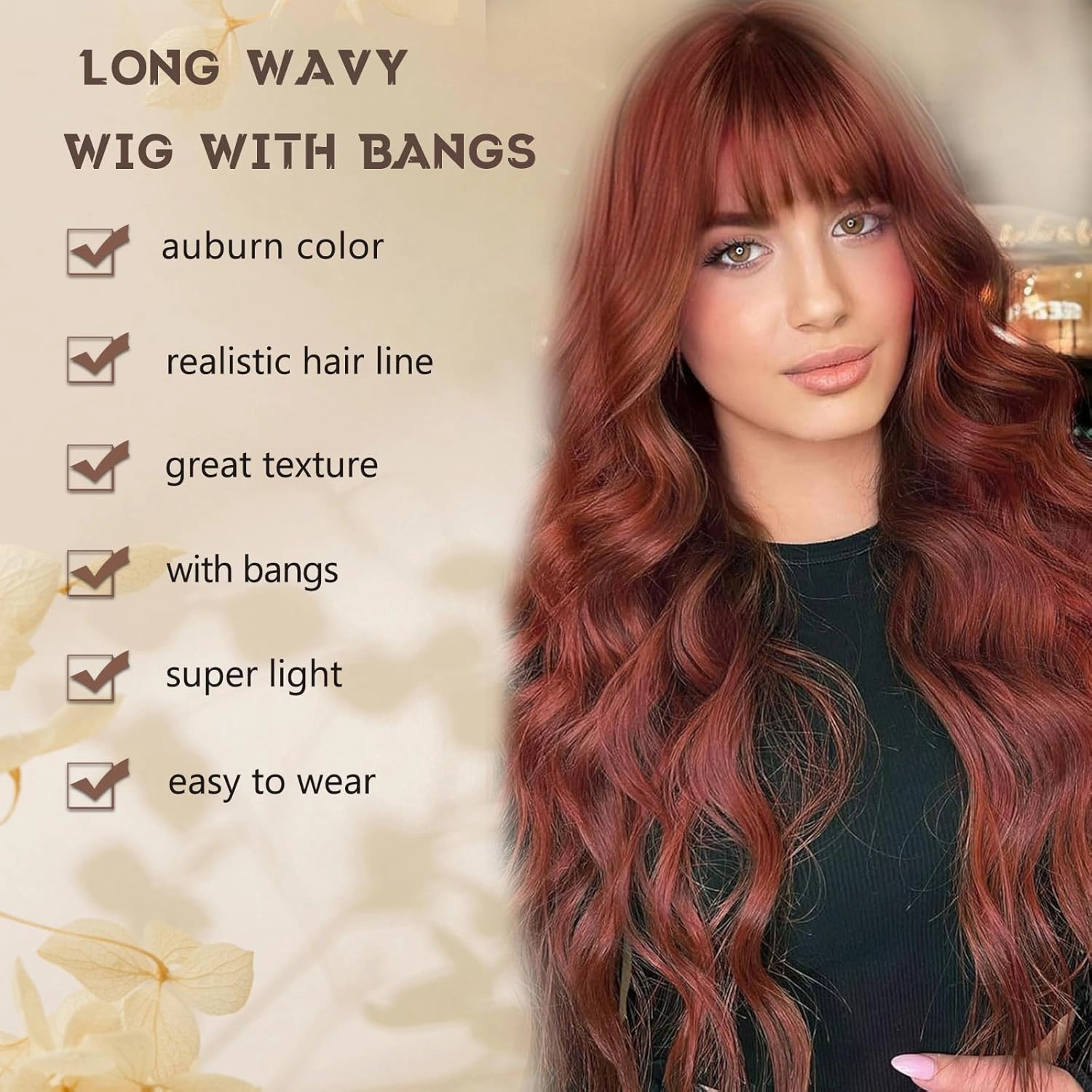 Auburn Wig with Bangs for Women Long Wavy Wigs 26 Inch Auburn Wigs Natural Looking Heat Resistant Synthetic Wig for Daily Party Use