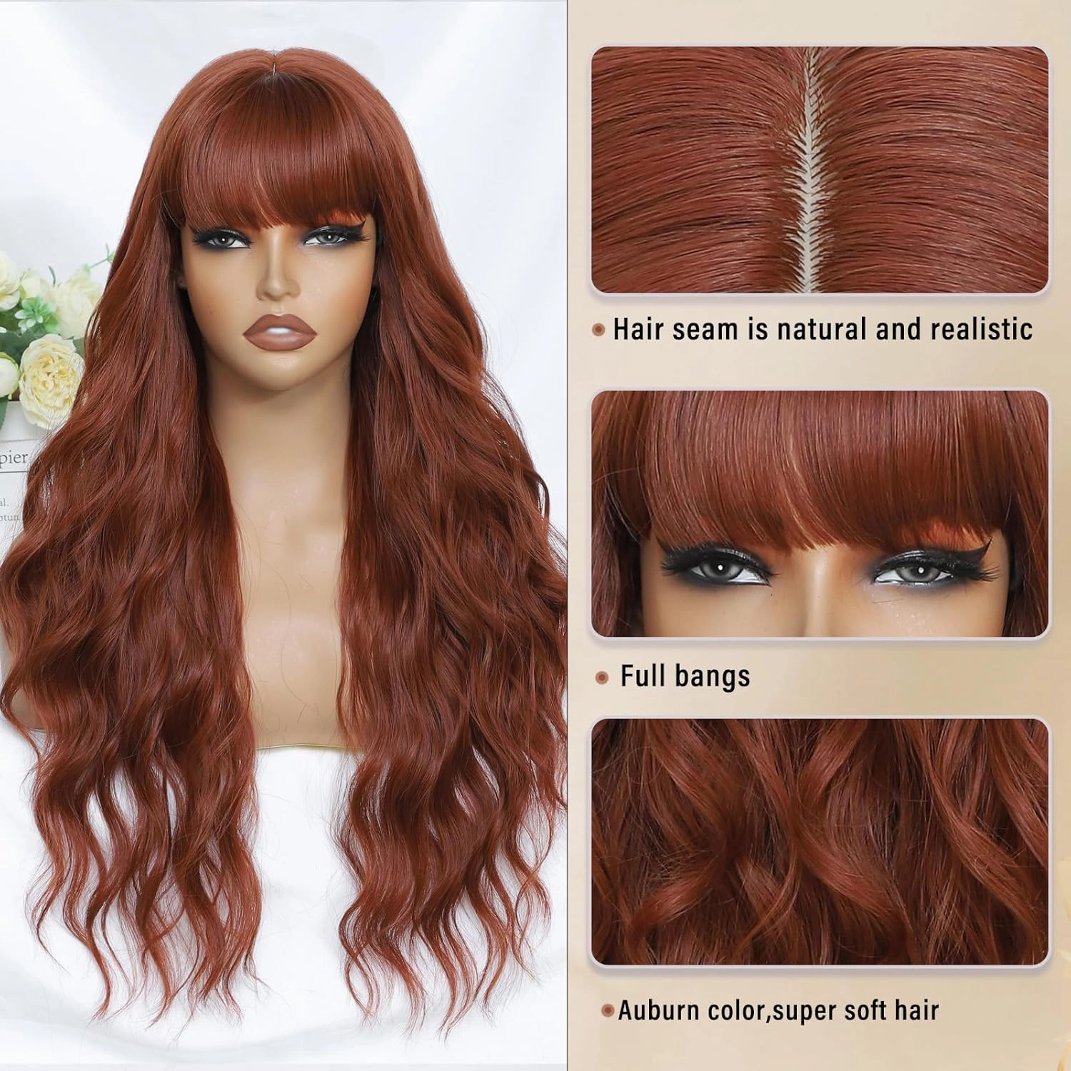 Auburn Wig with Bangs for Women Long Wavy Wigs 26 Inch Auburn Wigs Natural Looking Heat Resistant Synthetic Wig for Daily Party Use