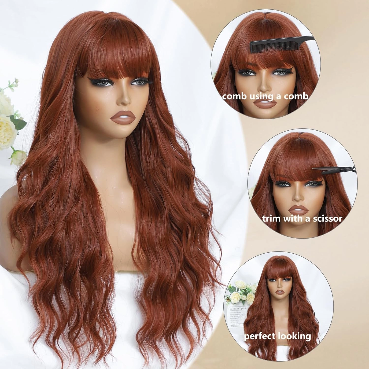 Auburn Wig with Bangs for Women Long Wavy Wigs 26 Inch Auburn Wigs Natural Looking Heat Resistant Synthetic Wig for Daily Party Use