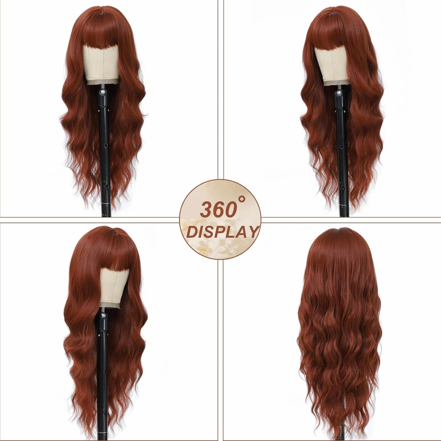 Auburn Wig with Bangs for Women Long Wavy Wigs 26 Inch Auburn Wigs Natural Looking Heat Resistant Synthetic Wig for Daily Party Use