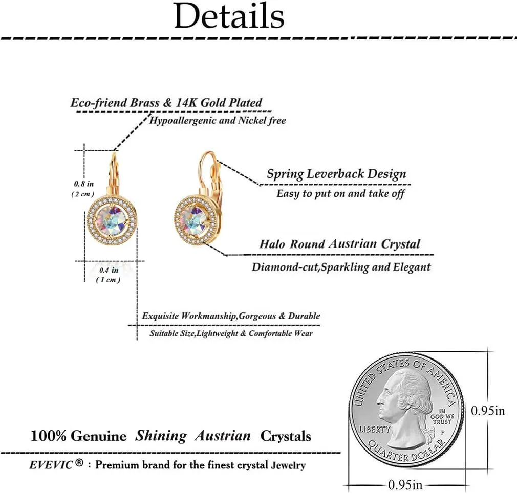 Austrian Crystal Halo Round Drop Leverback Earrings for Women 14K Rose Gold Plated Hypoallergenic Jewelry