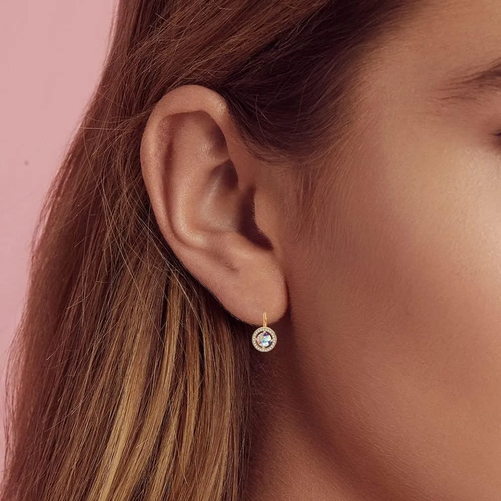 Austrian Crystal Halo Round Drop Leverback Earrings for Women 14K Rose Gold Plated Hypoallergenic Jewelry