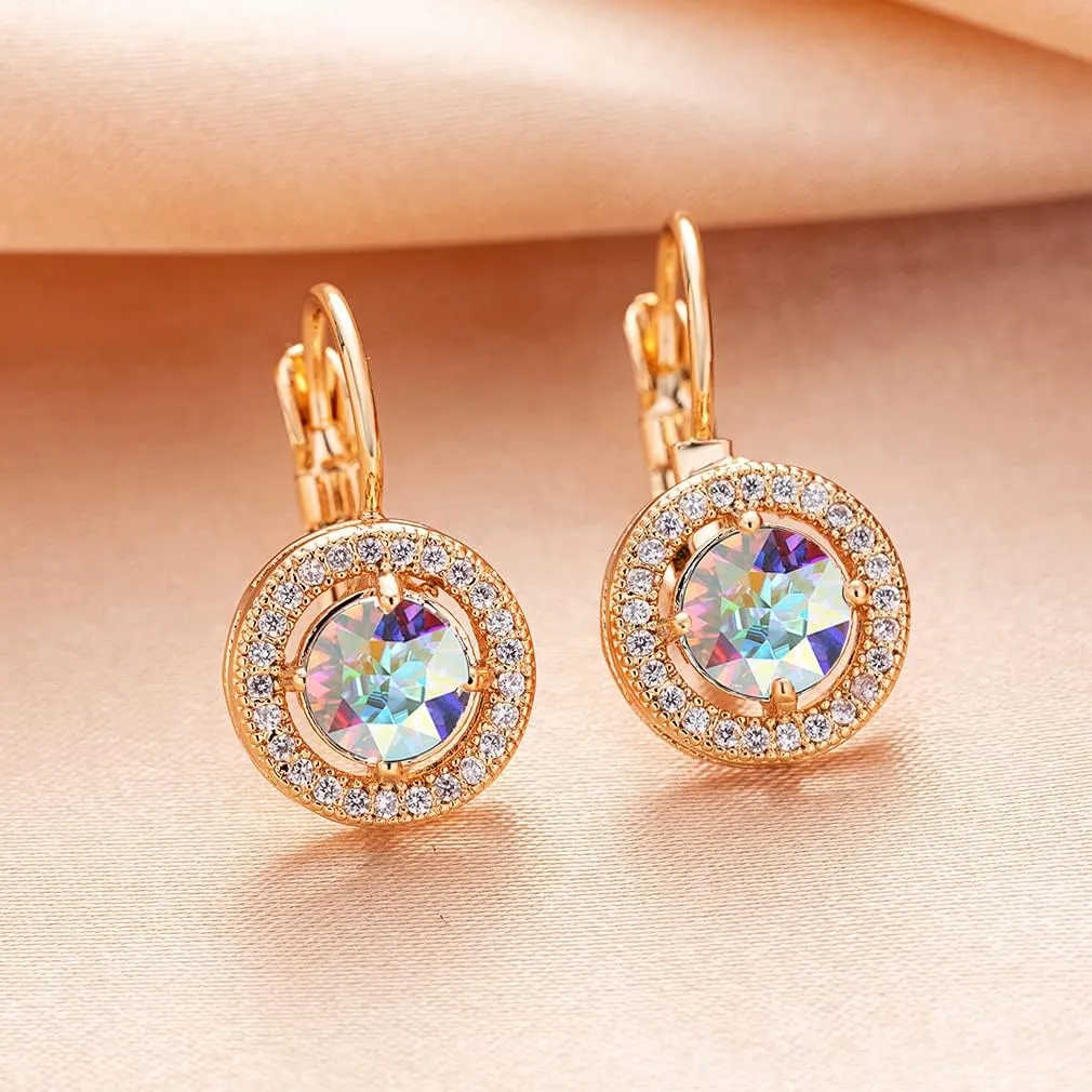 Austrian Crystal Halo Round Drop Leverback Earrings for Women 14K Rose Gold Plated Hypoallergenic Jewelry