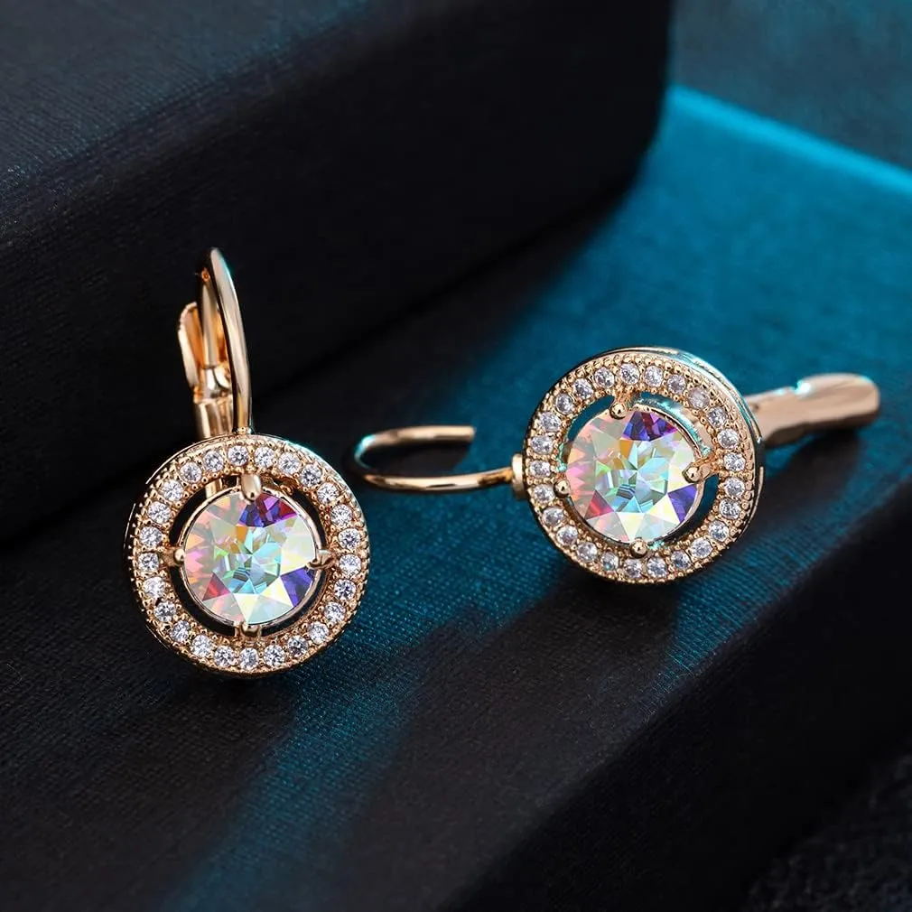 Austrian Crystal Halo Round Drop Leverback Earrings for Women 14K Rose Gold Plated Hypoallergenic Jewelry