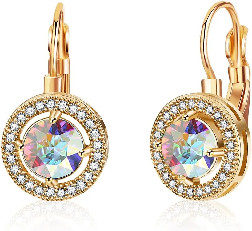 Austrian Crystal Halo Round Drop Leverback Earrings for Women 14K Rose Gold Plated Hypoallergenic Jewelry