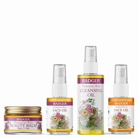 Badger Face Care Bundle - Rose Beauty Balm, Rose Face Cleansing Oil, Rose Antioxidant Face Oil, Seabuckthorn Face Oil - Certified Organic and Moisturizing