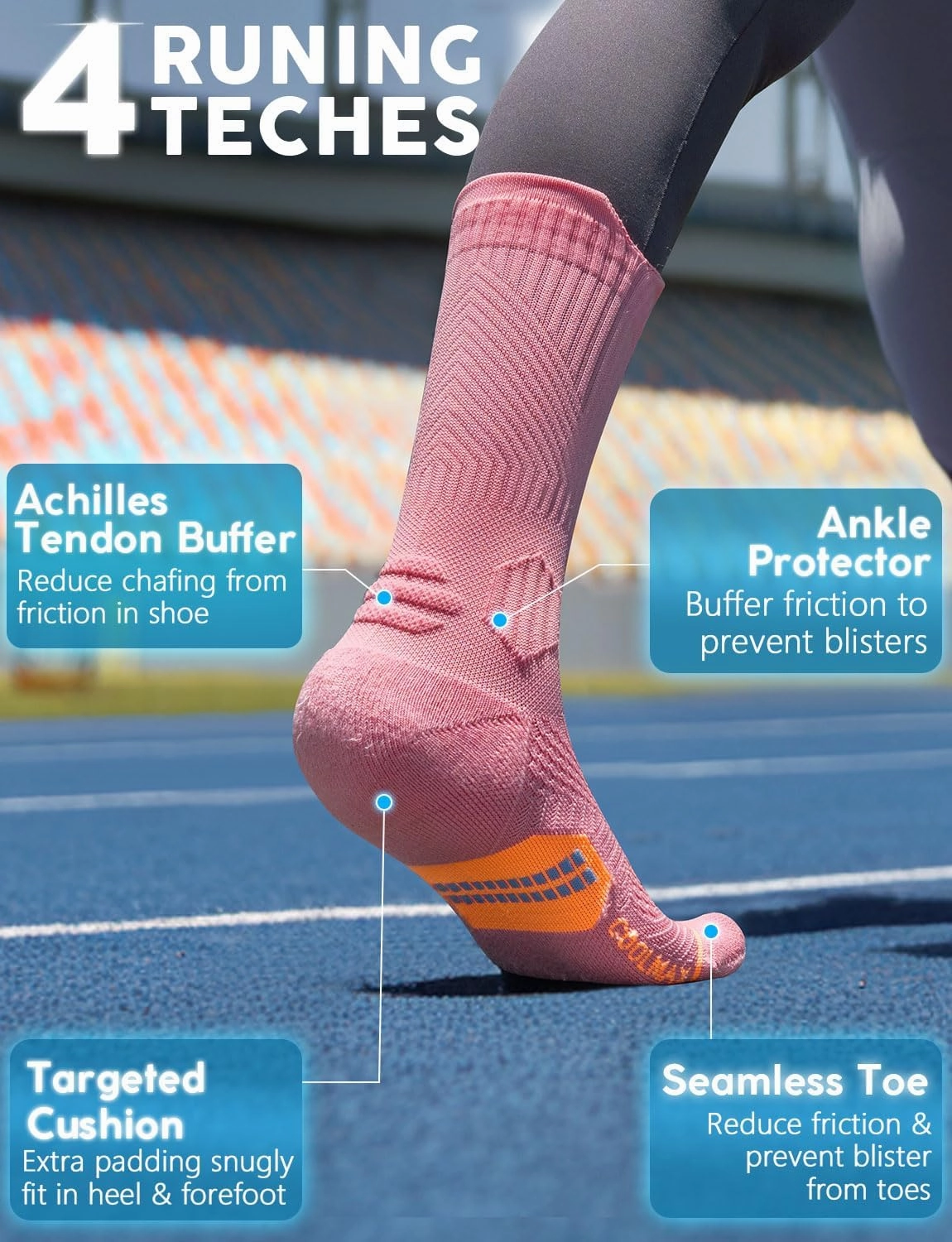 Bamboo Viscose Compression Running Crew Socks, Coolmax Moisture-Wicking Anti-Blister Hiking&Gym Athletic Socks