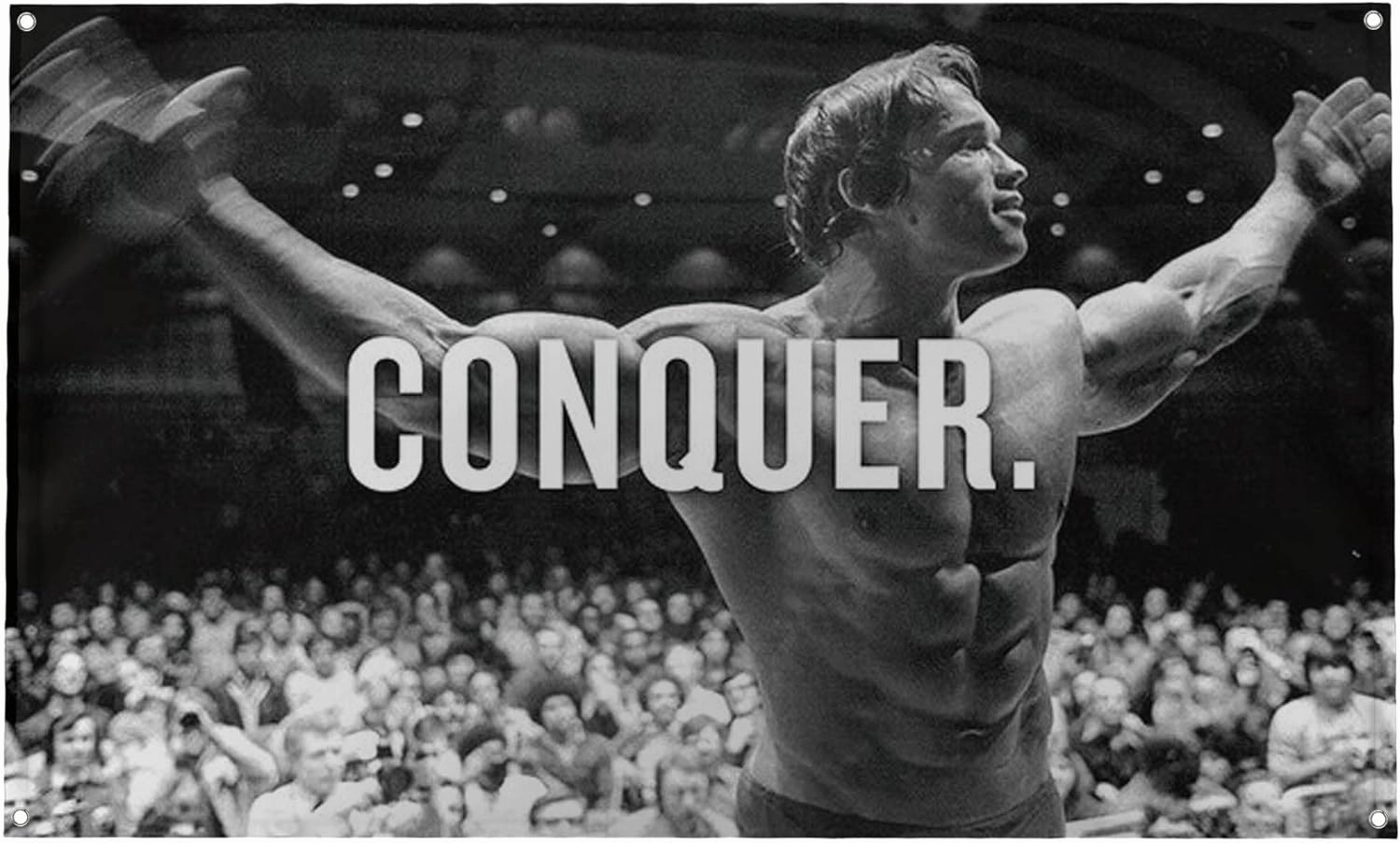 Banger - Original Arnold Schwarzenegger Conquer Motivational Inspirational Office Gym Dorm Wall Decor Design on a 3X5 Feet Flag with 4 Grommets for Easy Hanging. Authentic BANGER FLAG
