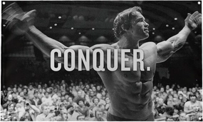 Banger - Original Arnold Schwarzenegger Conquer Motivational Inspirational Office Gym Dorm Wall Decor Design on a 3X5 Feet Flag with 4 Grommets for Easy Hanging. Authentic BANGER FLAG