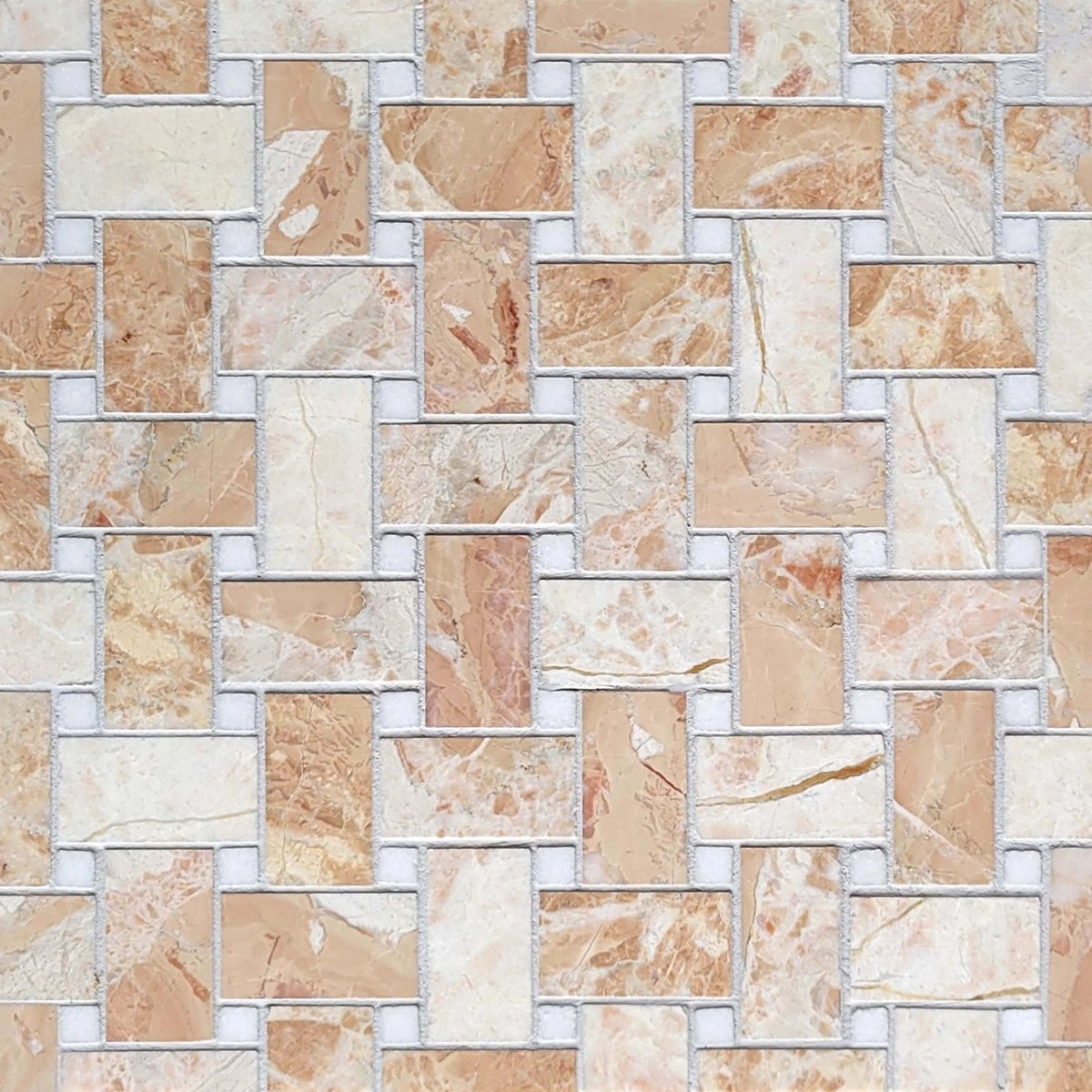 Basket Weave Desert Peach with Thassos Dot 1/18''x2'' Stone Mosaic