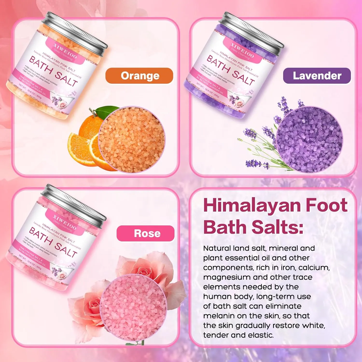 Bath Salts for Soaking Himalayan Pink Bath feet soka sea Salt 3 Set Kit Lavender Orange Rose Scent Epsom Salt Tea Tree Oil Natural Soaking spa Set Christmas Gifts for Woman Mom Gifts Set
