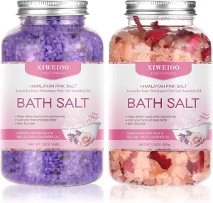 Bath Salts kit Himalayan Pink Salt -46 oz, Pack of 2 Natural Epsom Salt Rose, and Lavender- Essential Oils Relaxes and Better Sleep Foot Soak Tea Tree Oil Soaking & Bathing